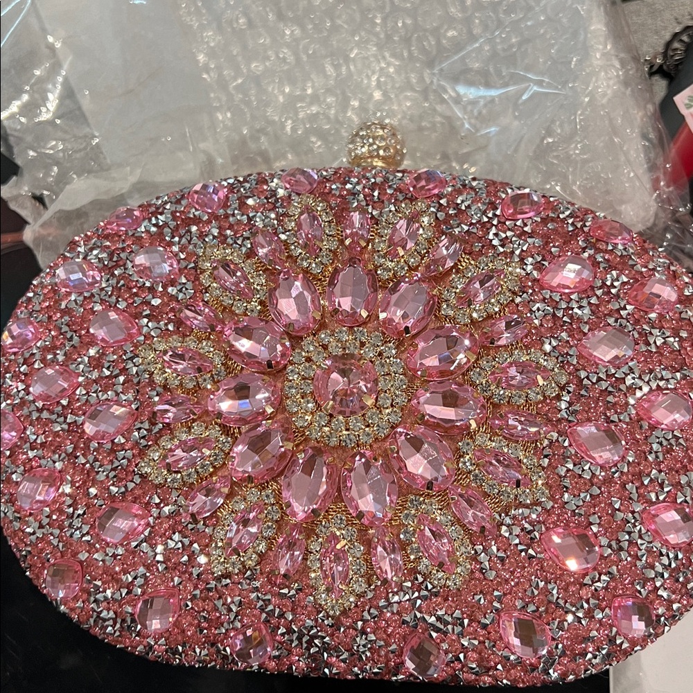 Ramla Women's Pink Crystal Embellished Clutch Evening, NEW! - Picture 4 of 7
